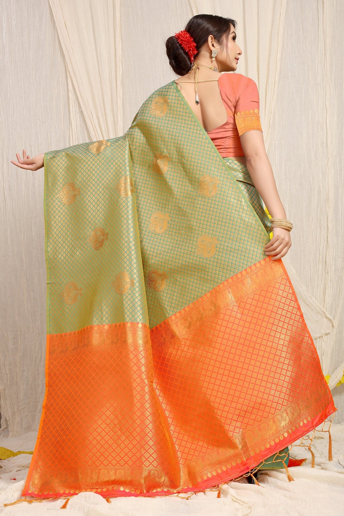 Anaita Green Woven Design Pure Silk Banarasi Saree With Blouse | Grocsy