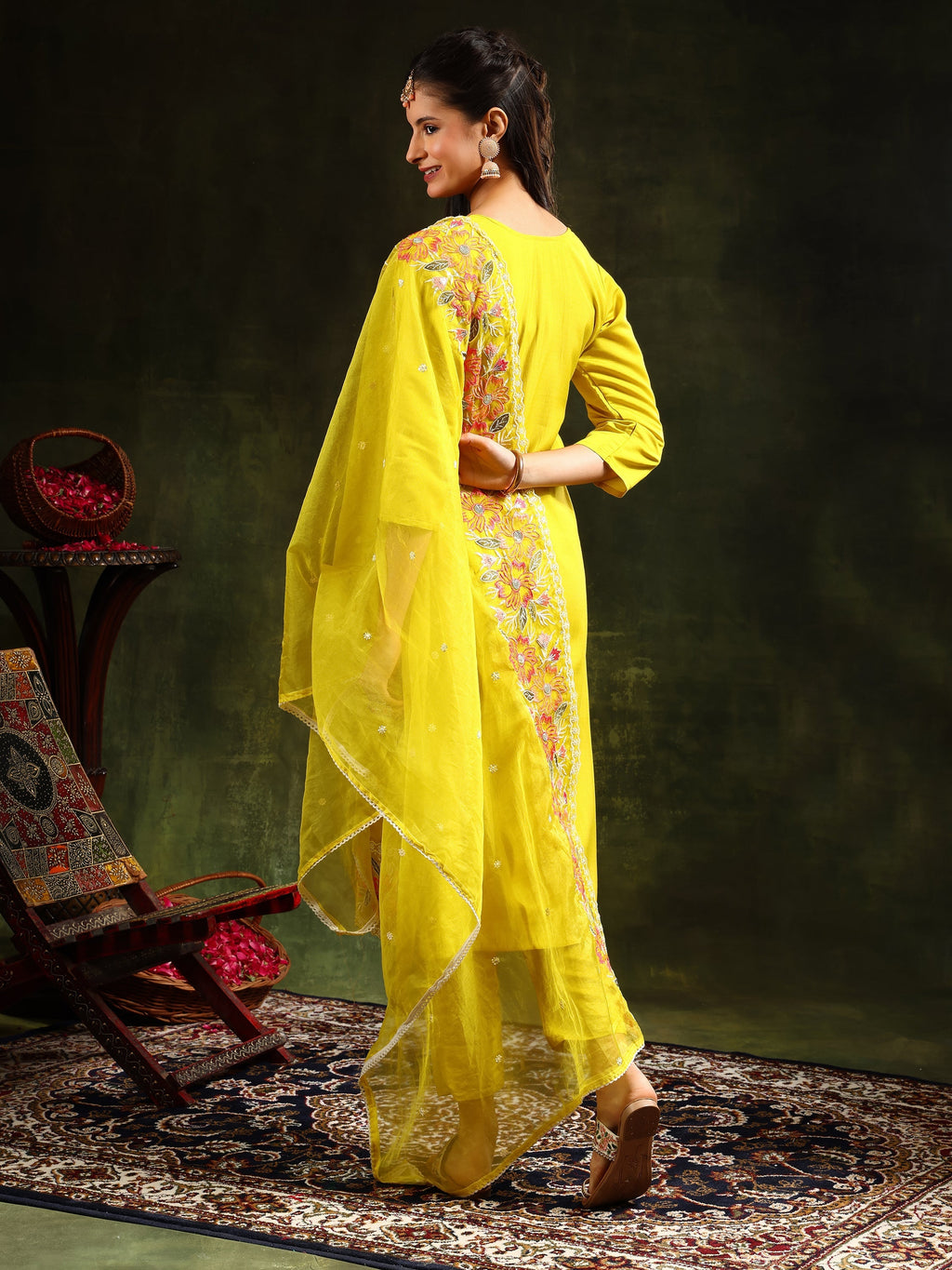 Embroidered Kurta With Pant & Embroidered Dupatta, Yellow - Hiral Fashion | Grocsy
