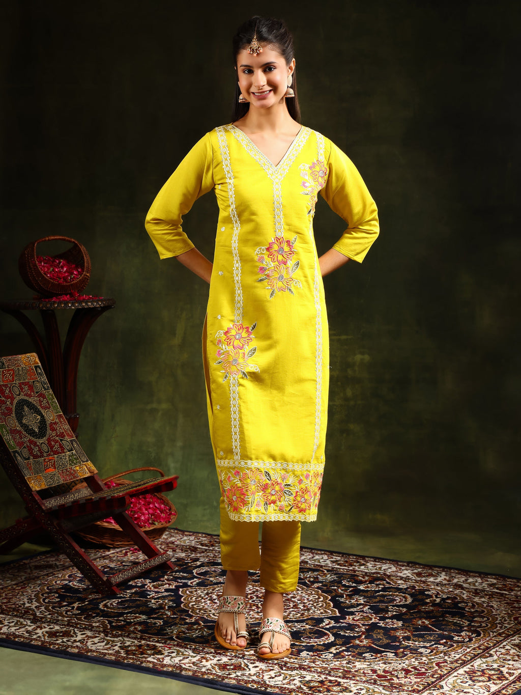 Embroidered Kurta With Pant & Embroidered Dupatta, Yellow - Hiral Fashion | Grocsy