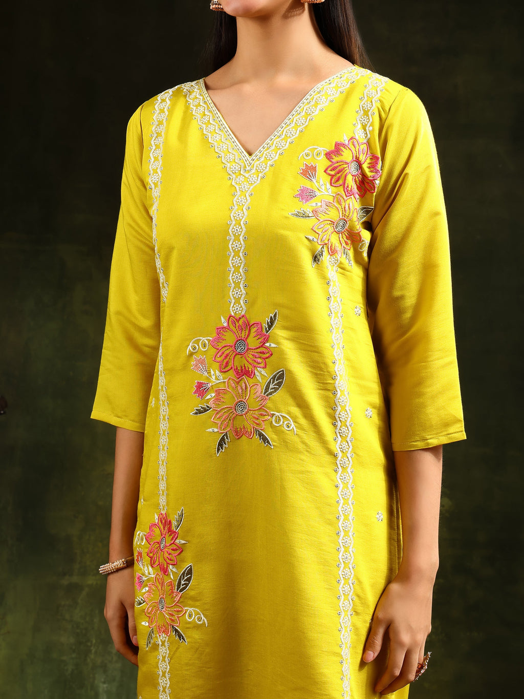 Embroidered Kurta With Pant & Embroidered Dupatta, Yellow - Hiral Fashion | Grocsy