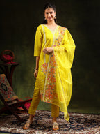 Embroidered Kurta With Pant & Embroidered Dupatta, Yellow - Hiral Fashion | Grocsy