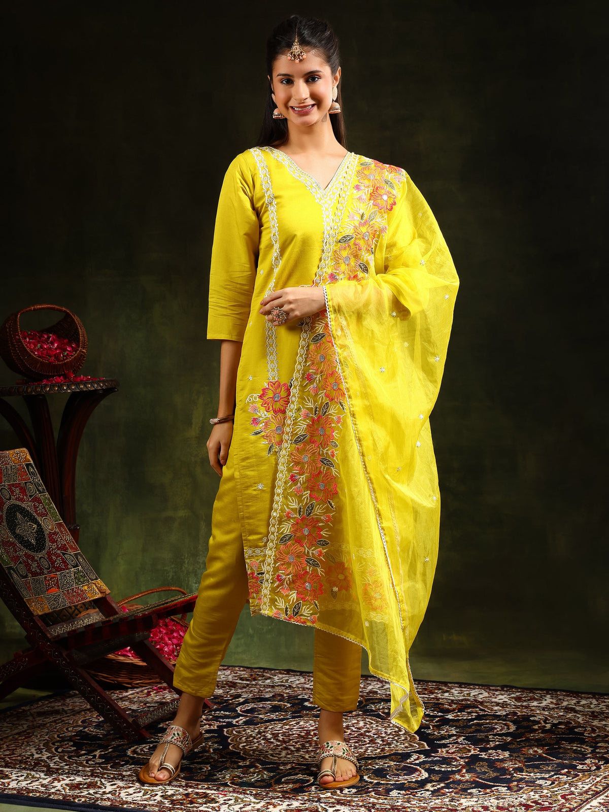 Embroidered Kurta With Pant & Embroidered Dupatta, Yellow - Hiral Fashion | Grocsy