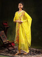 Embroidered Kurta With Pant & Embroidered Dupatta, Yellow - Hiral Fashion | Grocsy
