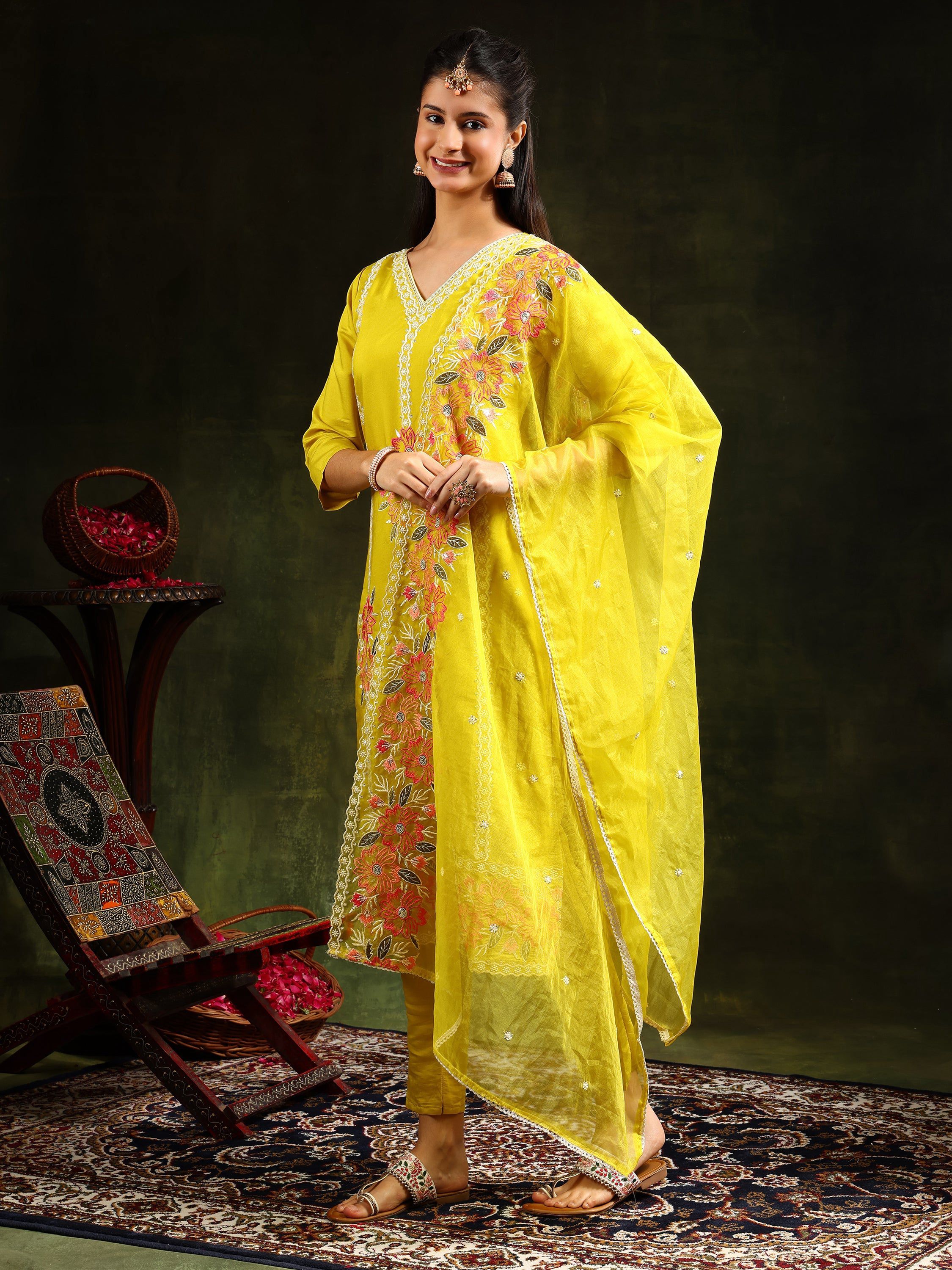 Embroidered Kurta With Pant & Embroidered Dupatta, Yellow - Hiral Fashion | Grocsy