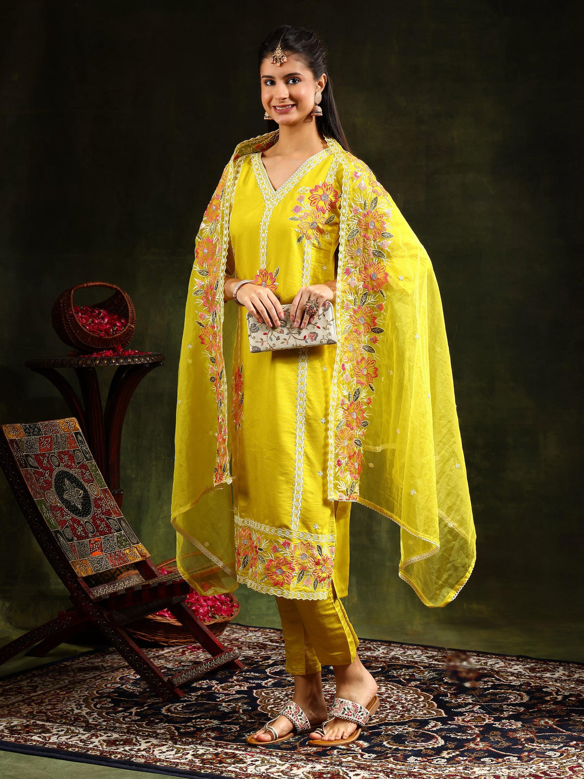 Embroidered Kurta With Pant & Embroidered Dupatta, Yellow - Hiral Fashion | Grocsy