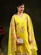 Embroidered Kurta With Pant & Embroidered Dupatta, Yellow - Hiral Fashion | Grocsy