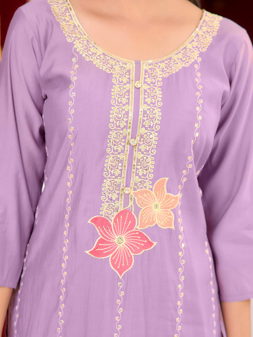 Full Front Embroidered Kurta With Pant & Embroidered Organza Dupatta, Lavender - Hiral Fashion | Grocsy