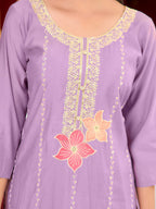 Full Front Embroidered Kurta With Pant & Embroidered Organza Dupatta, Lavender - Hiral Fashion | Grocsy
