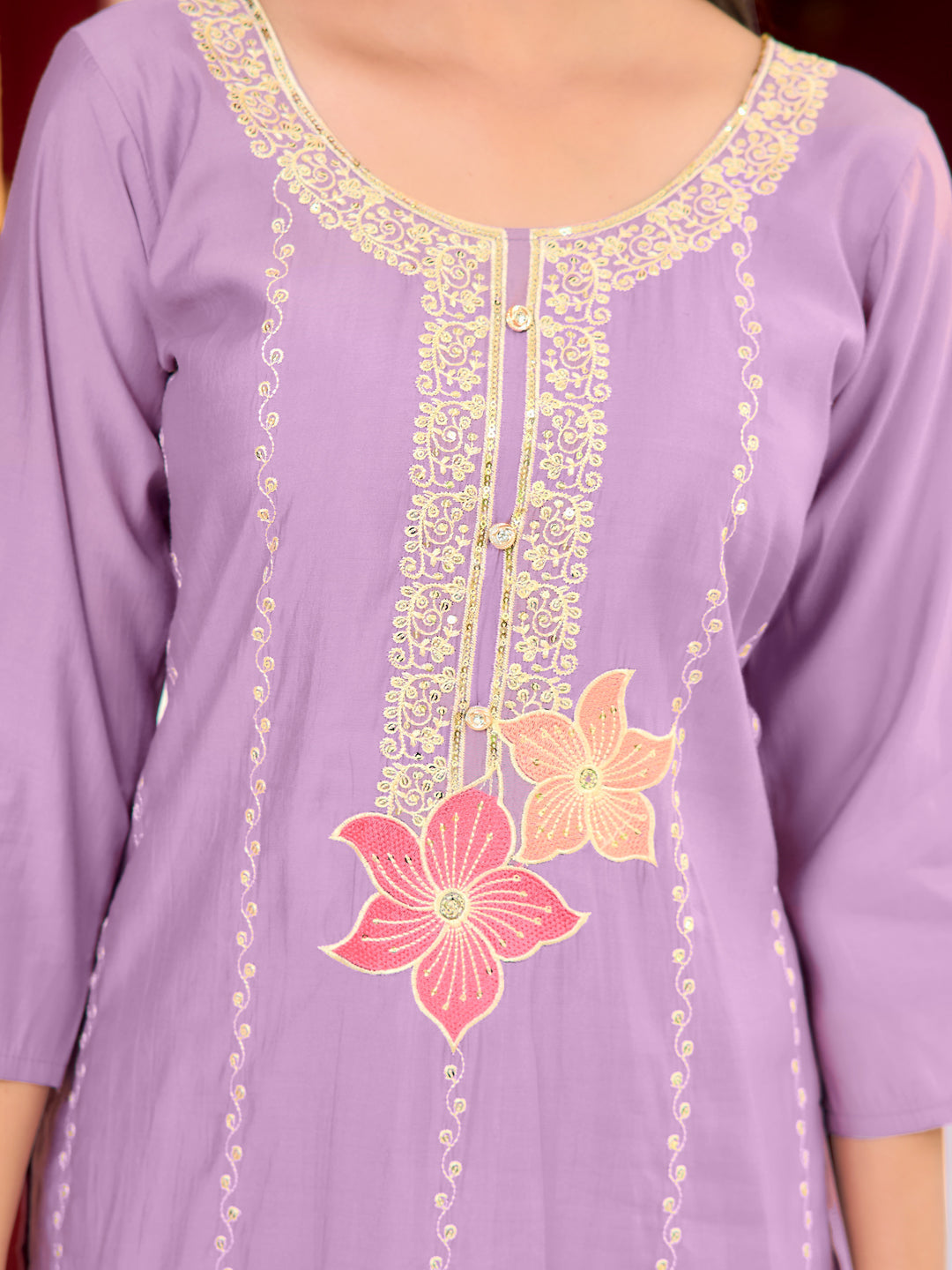 Full Front Embroidered Kurta With Pant & Embroidered Organza Dupatta, Lavender - Hiral Fashion | Grocsy