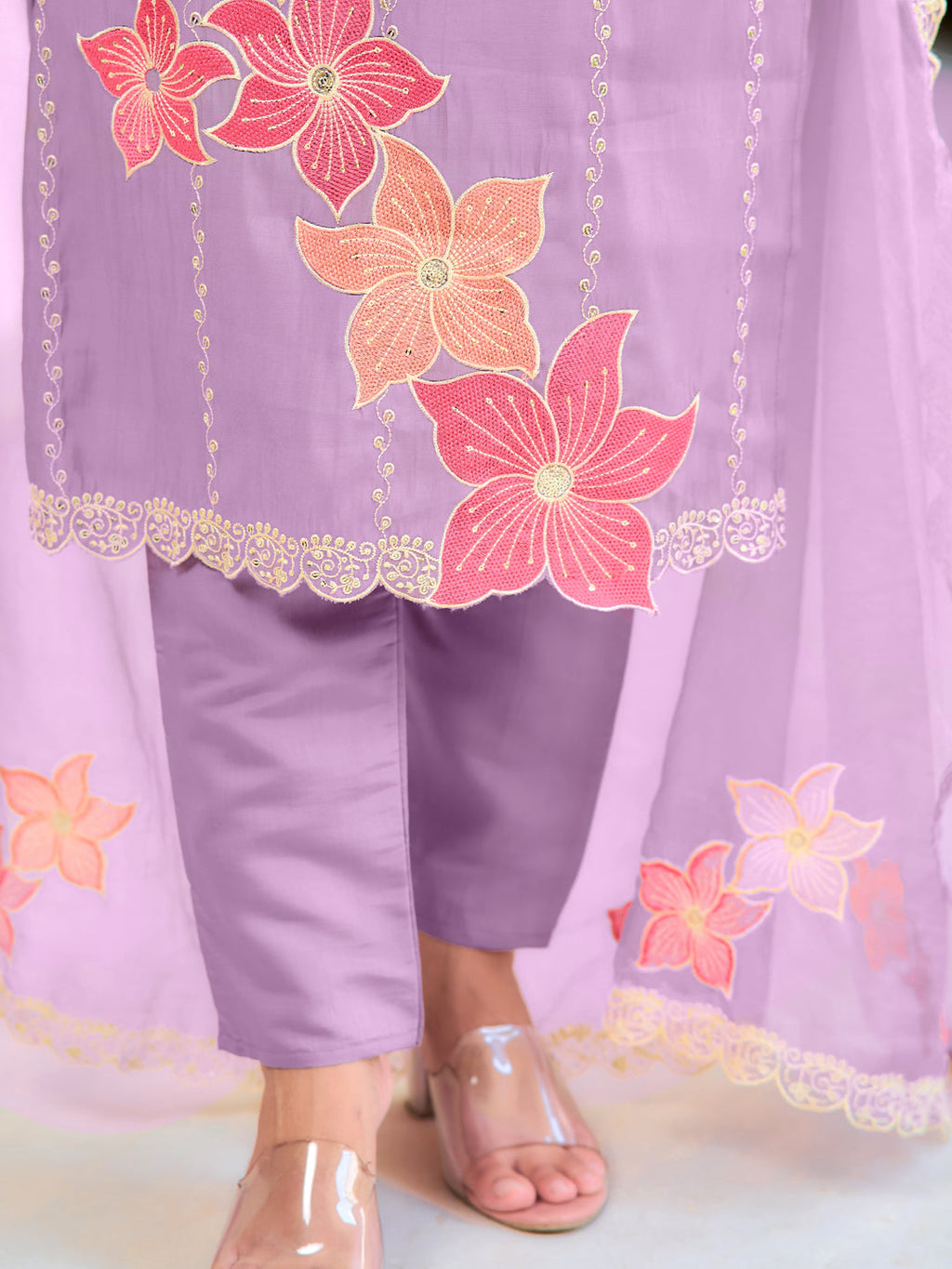 Full Front Embroidered Kurta With Pant & Embroidered Organza Dupatta, Lavender - Hiral Fashion | Grocsy