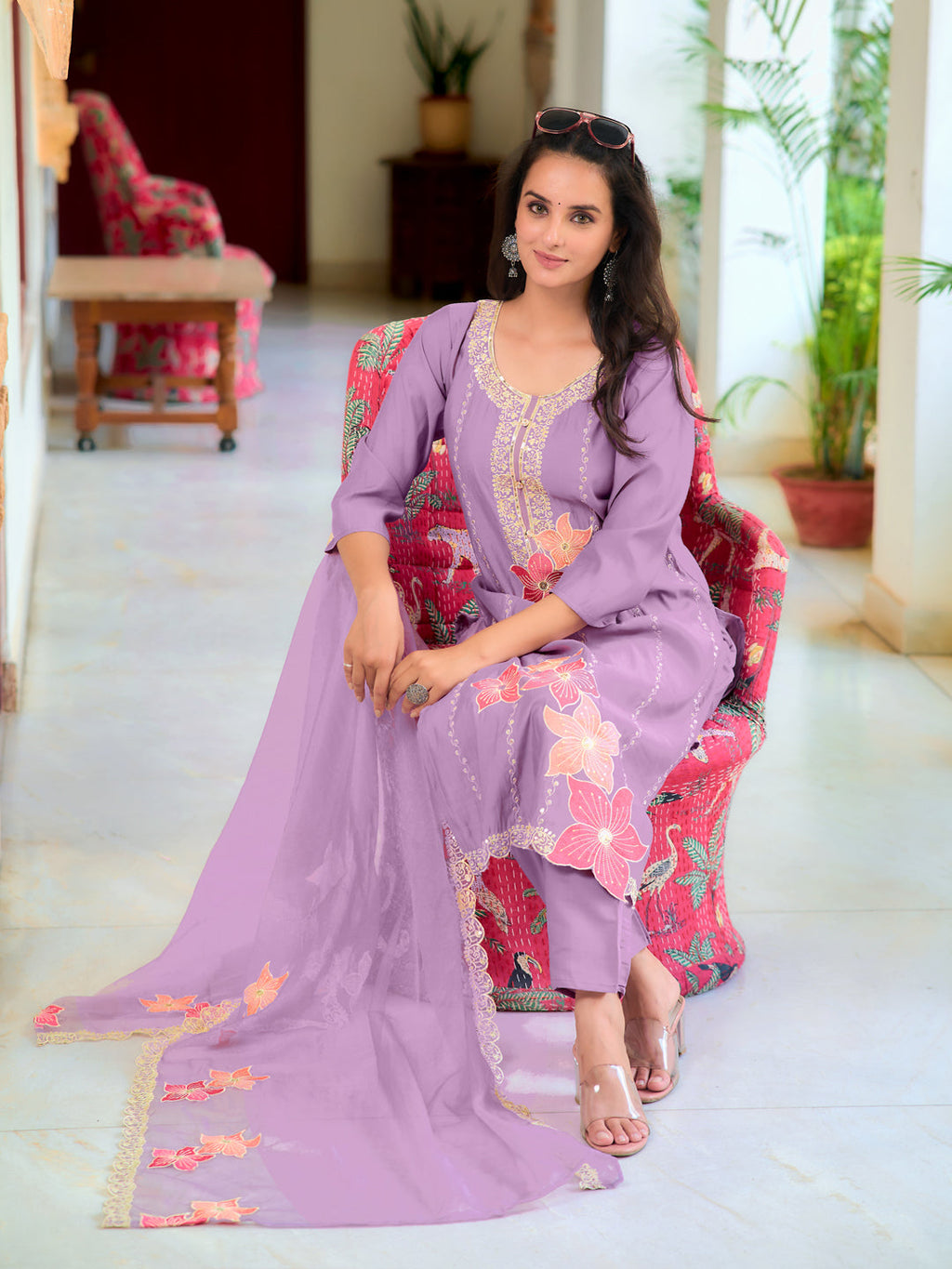 Full Front Embroidered Kurta With Pant & Embroidered Organza Dupatta, Lavender - Hiral Fashion | Grocsy