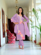 Full Front Embroidered Kurta With Pant & Embroidered Organza Dupatta, Lavender - Hiral Fashion | Grocsy