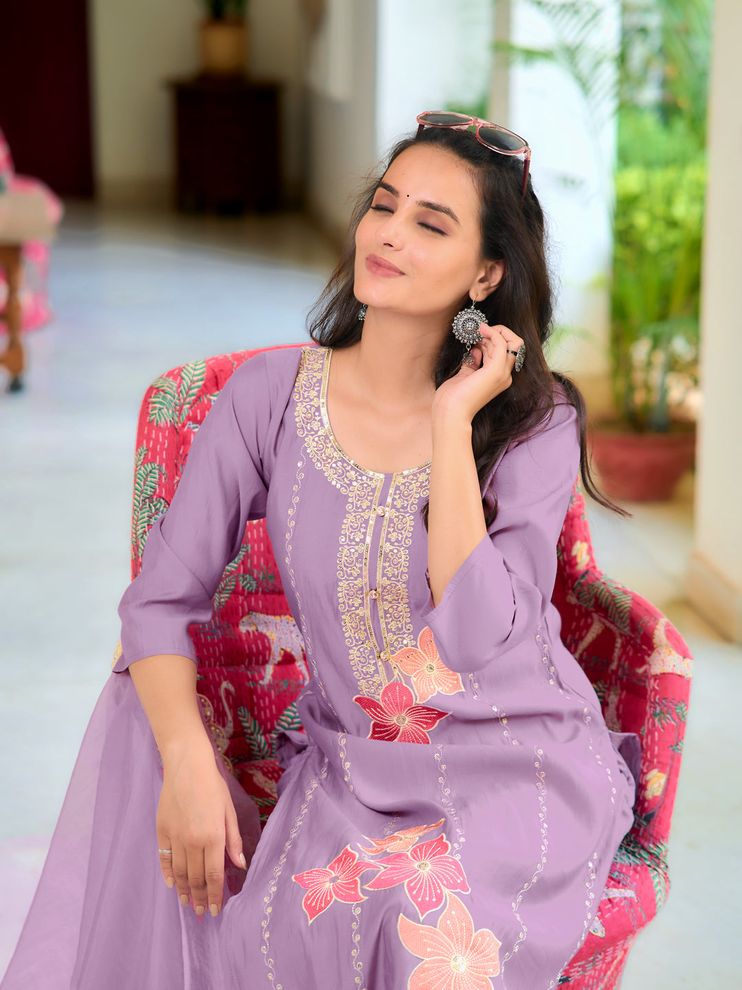 Full Front Embroidered Kurta With Pant & Embroidered Organza Dupatta, Lavender - Hiral Fashion | Grocsy