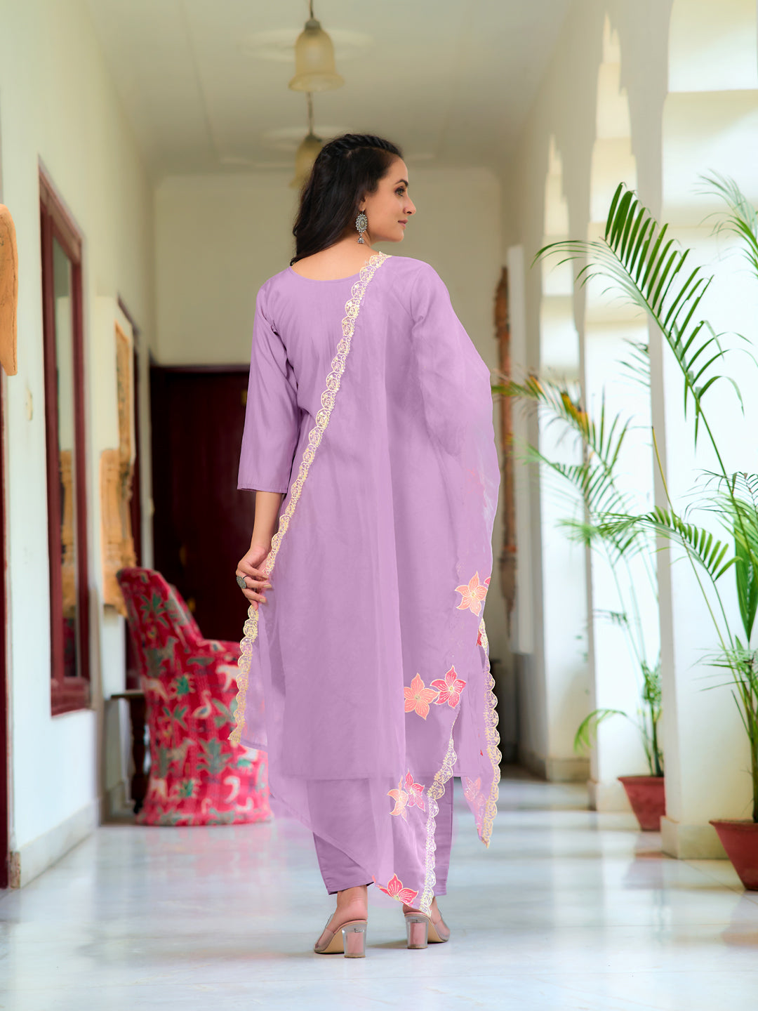 Full Front Embroidered Kurta With Pant & Embroidered Organza Dupatta, Lavender - Hiral Fashion | Grocsy
