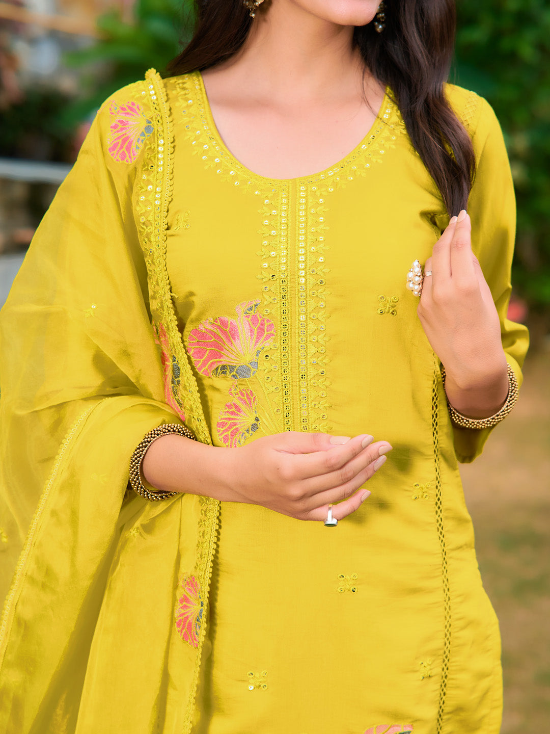 Full Front Embroidered Kurta With Pant & Embroidered Organza Dupatta, Yellow - Hiral Fashion | Grocsy