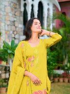 Full Front Embroidered Kurta With Pant & Embroidered Organza Dupatta, Yellow - Hiral Fashion | Grocsy