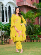 Full Front Embroidered Kurta With Pant & Embroidered Organza Dupatta, Yellow - Hiral Fashion | Grocsy