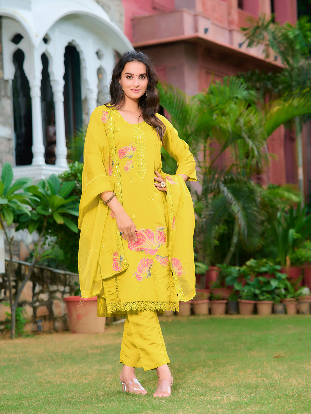 Full Front Embroidered Kurta With Pant & Embroidered Organza Dupatta, Yellow - Hiral Fashion | Grocsy
