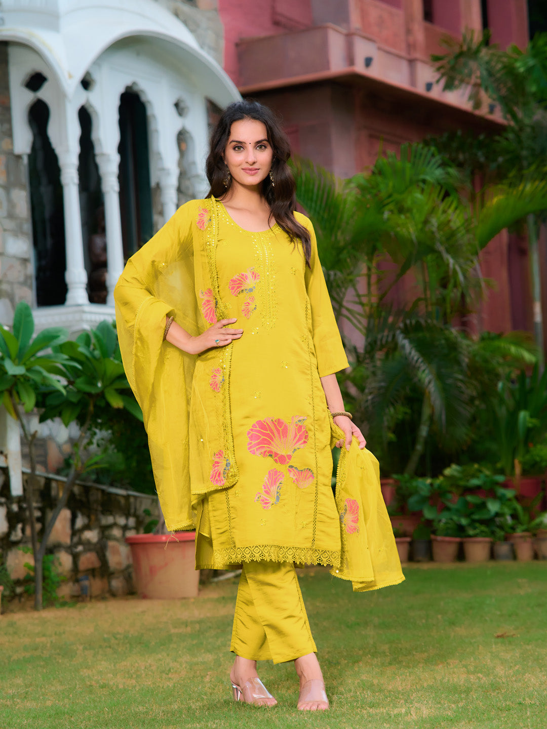 Full Front Embroidered Kurta With Pant & Embroidered Organza Dupatta, Yellow - Hiral Fashion | Grocsy