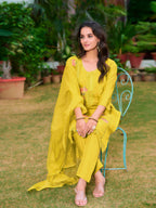 Full Front Embroidered Kurta With Pant & Embroidered Organza Dupatta, Yellow - Hiral Fashion | Grocsy
