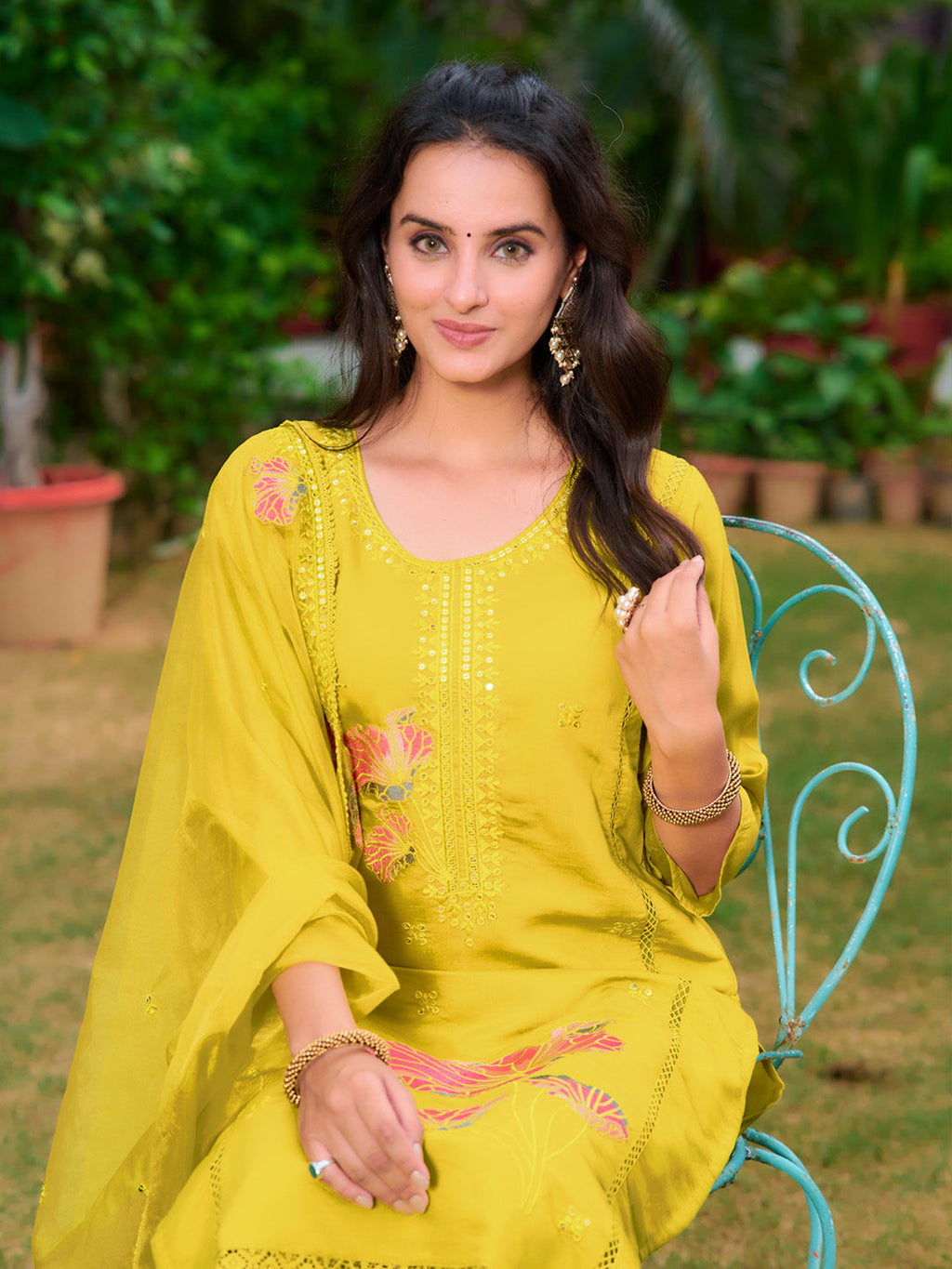 Full Front Embroidered Kurta With Pant & Embroidered Organza Dupatta, Yellow - Hiral Fashion | Grocsy