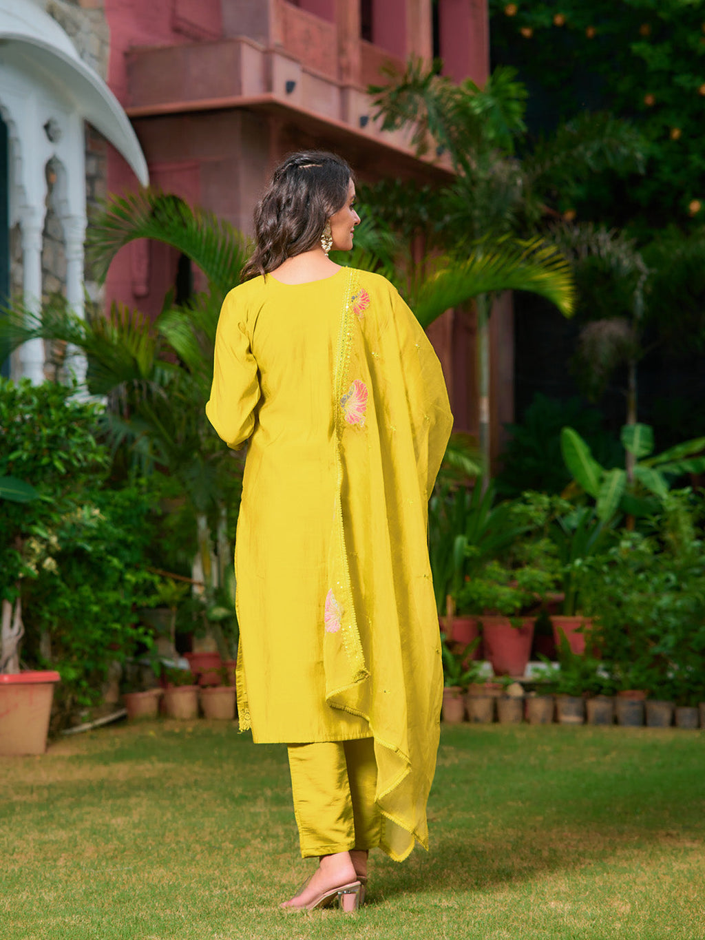 Full Front Embroidered Kurta With Pant & Embroidered Organza Dupatta, Yellow - Hiral Fashion | Grocsy