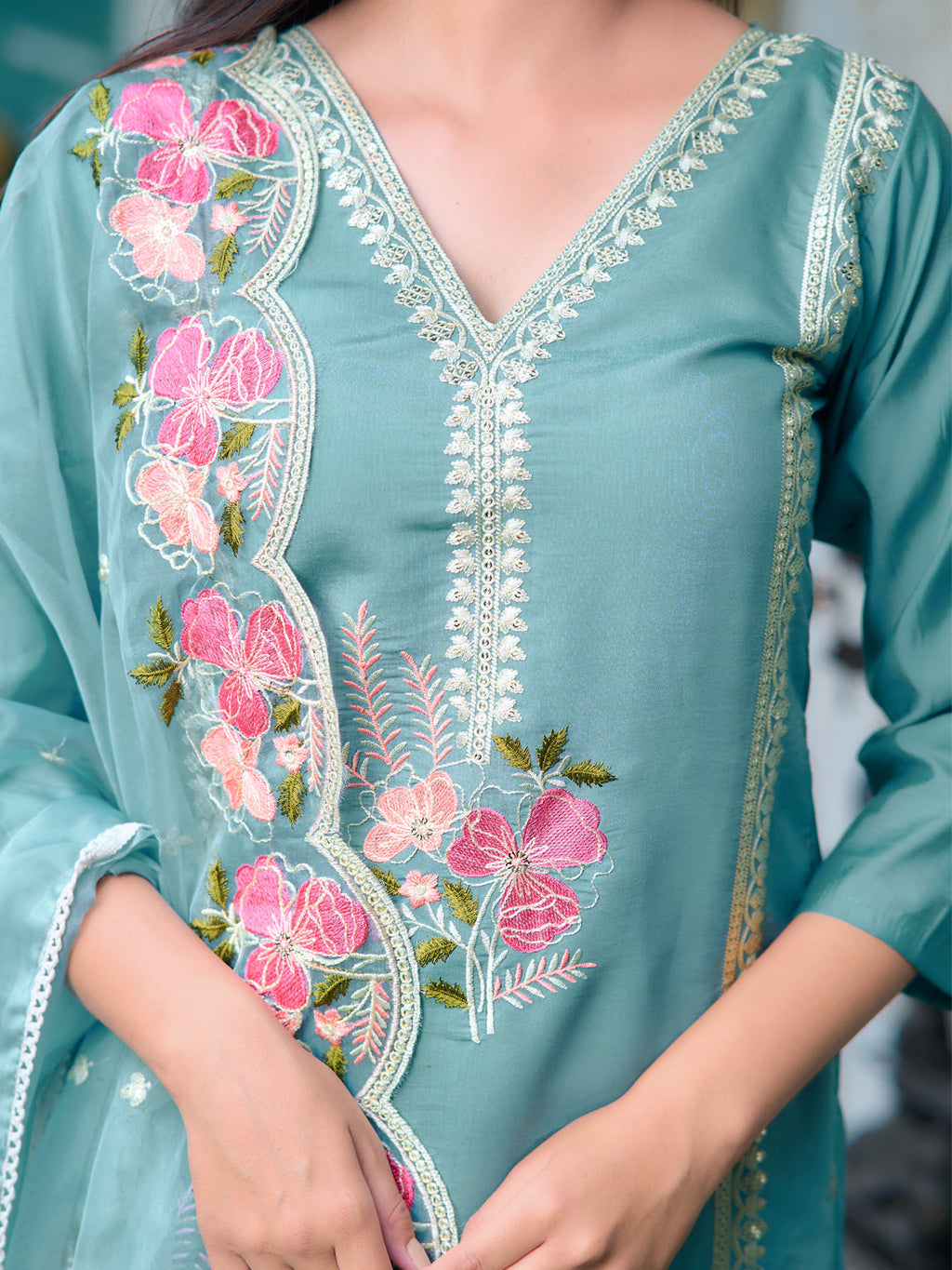 Full Front Embroidered Kurta With Pant & Embroidered Organza Dupatta, Blue - Hiral Fashion | Grocsy