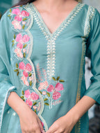 Full Front Embroidered Kurta With Pant & Embroidered Organza Dupatta, Blue - Hiral Fashion | Grocsy