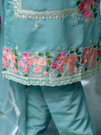 Full Front Embroidered Kurta With Pant & Embroidered Organza Dupatta, Blue - Hiral Fashion | Grocsy