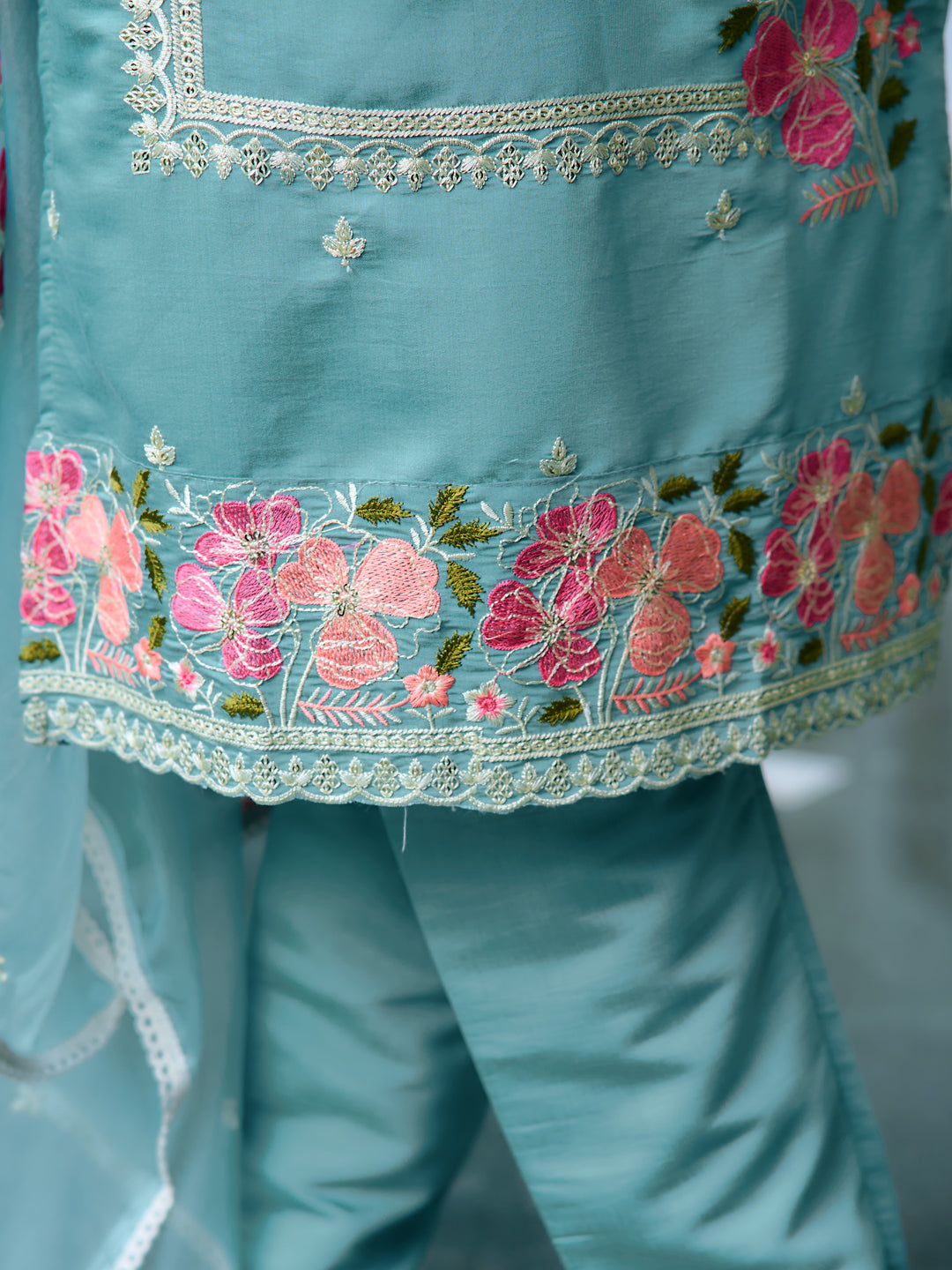 Full Front Embroidered Kurta With Pant & Embroidered Organza Dupatta, Blue - Hiral Fashion | Grocsy