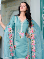 Full Front Embroidered Kurta With Pant & Embroidered Organza Dupatta, Blue - Hiral Fashion | Grocsy
