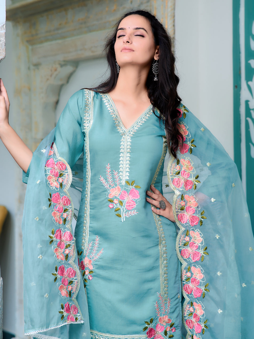 Full Front Embroidered Kurta With Pant & Embroidered Organza Dupatta, Blue - Hiral Fashion | Grocsy