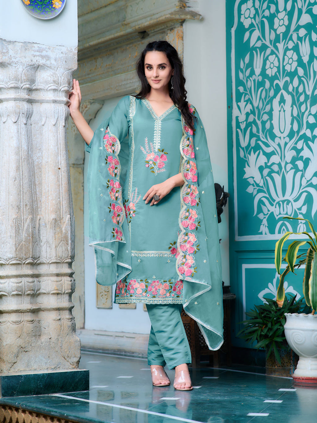 Full Front Embroidered Kurta With Pant & Embroidered Organza Dupatta, Blue - Hiral Fashion | Grocsy