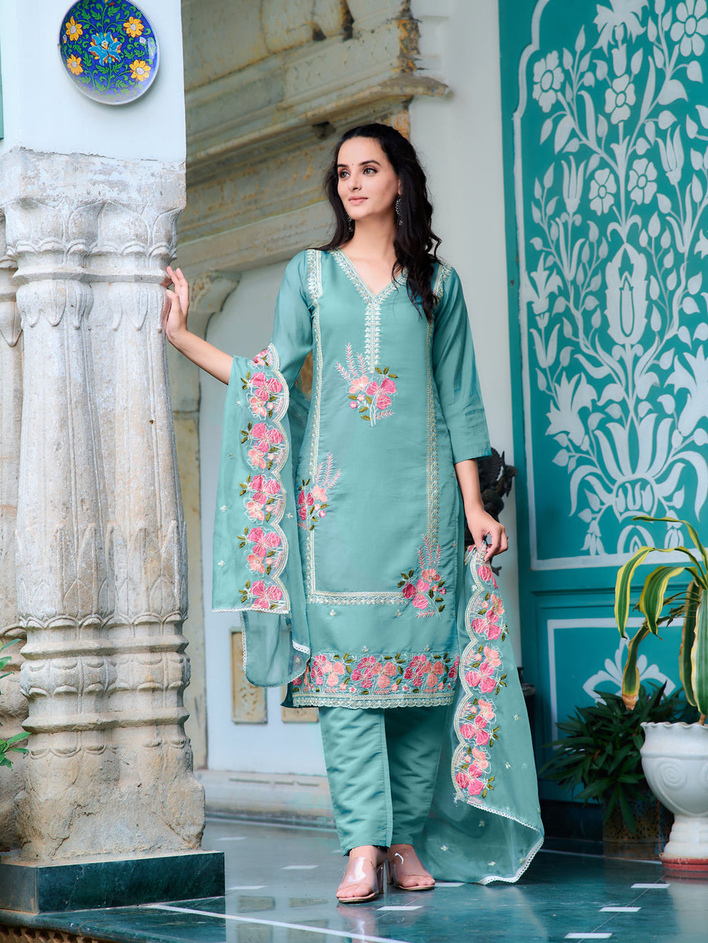Full Front Embroidered Kurta With Pant & Embroidered Organza Dupatta, Blue - Hiral Fashion | Grocsy