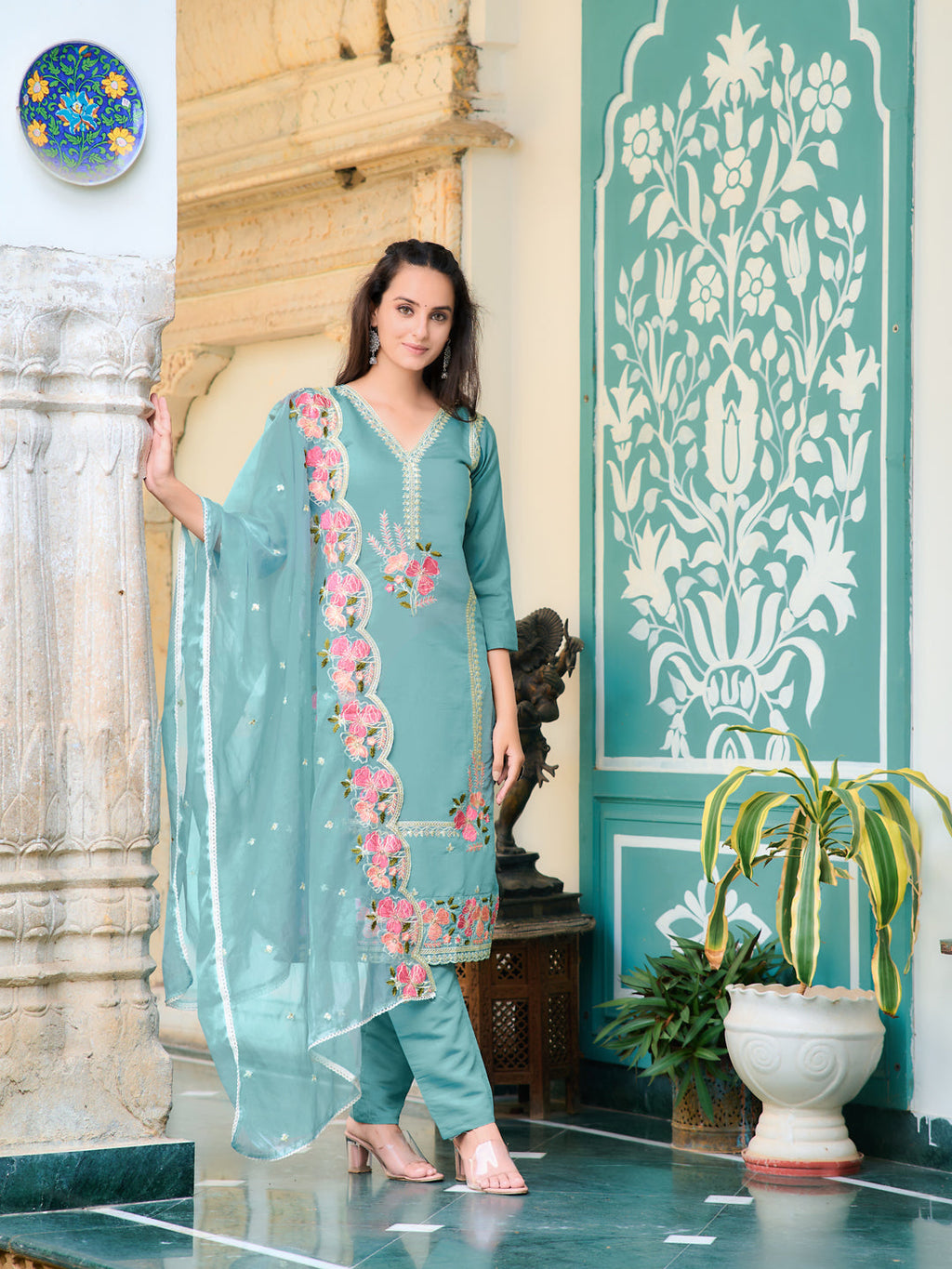 Full Front Embroidered Kurta With Pant & Embroidered Organza Dupatta, Blue - Hiral Fashion | Grocsy