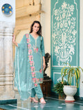 Full Front Embroidered Kurta With Pant & Embroidered Organza Dupatta, Blue - Hiral Fashion | Grocsy