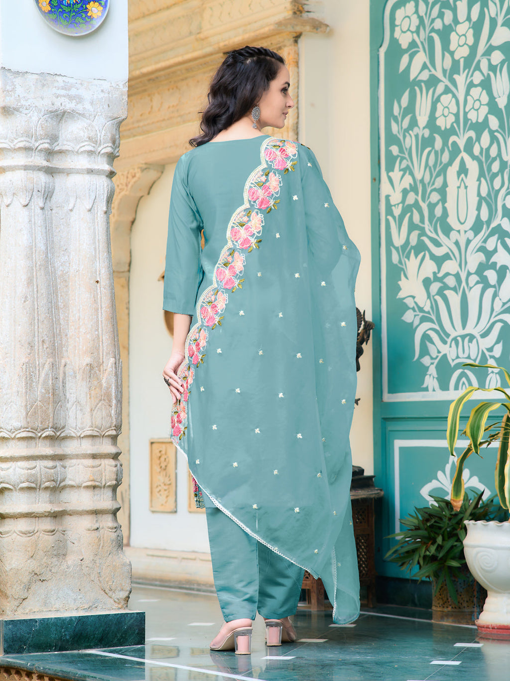 Full Front Embroidered Kurta With Pant & Embroidered Organza Dupatta, Blue - Hiral Fashion | Grocsy