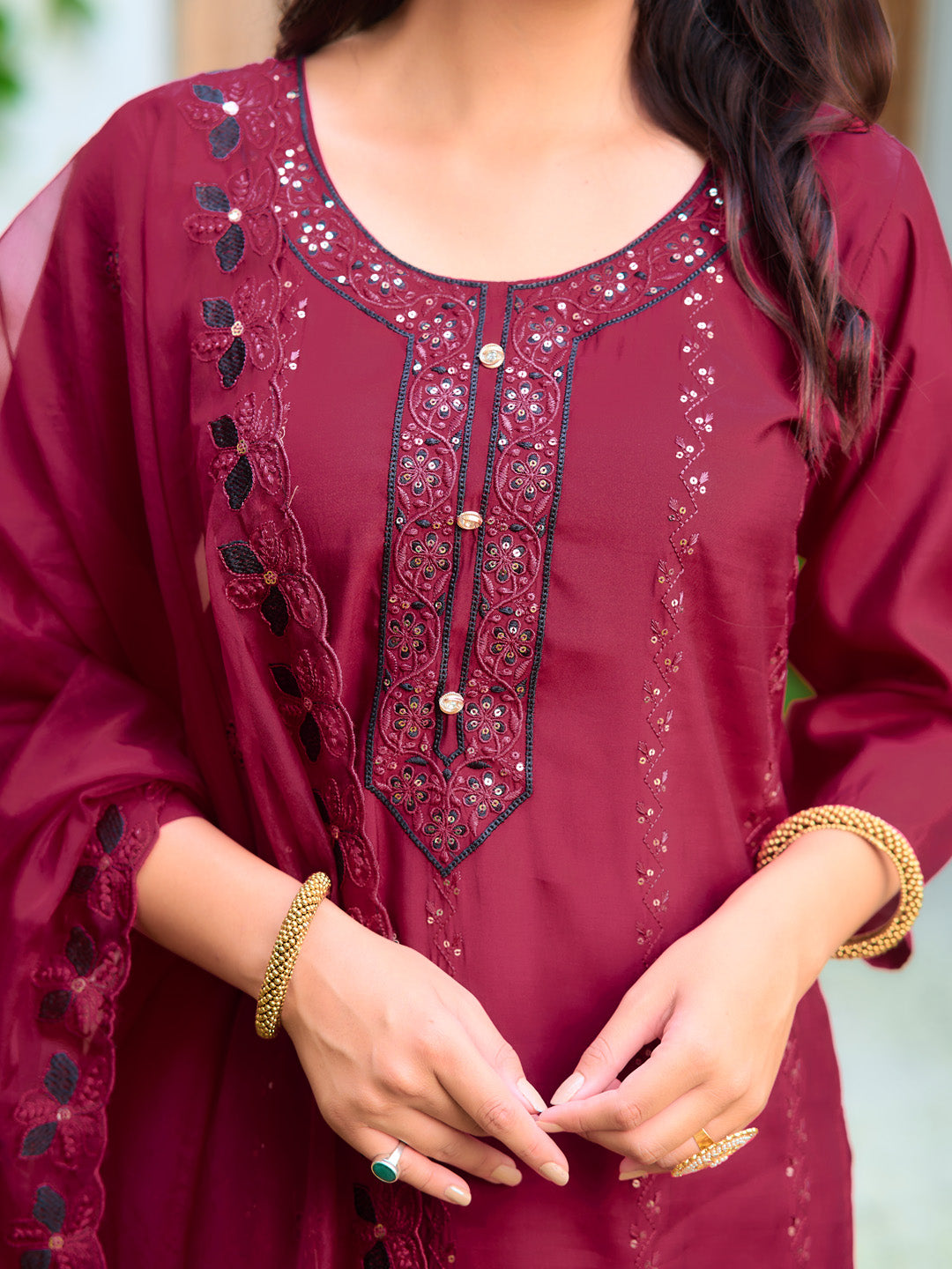 Embroidered Kurta With Pant & Embroidered Cut Work Organza Dupatta, Maroon - Hiral Fashion | Grocsy