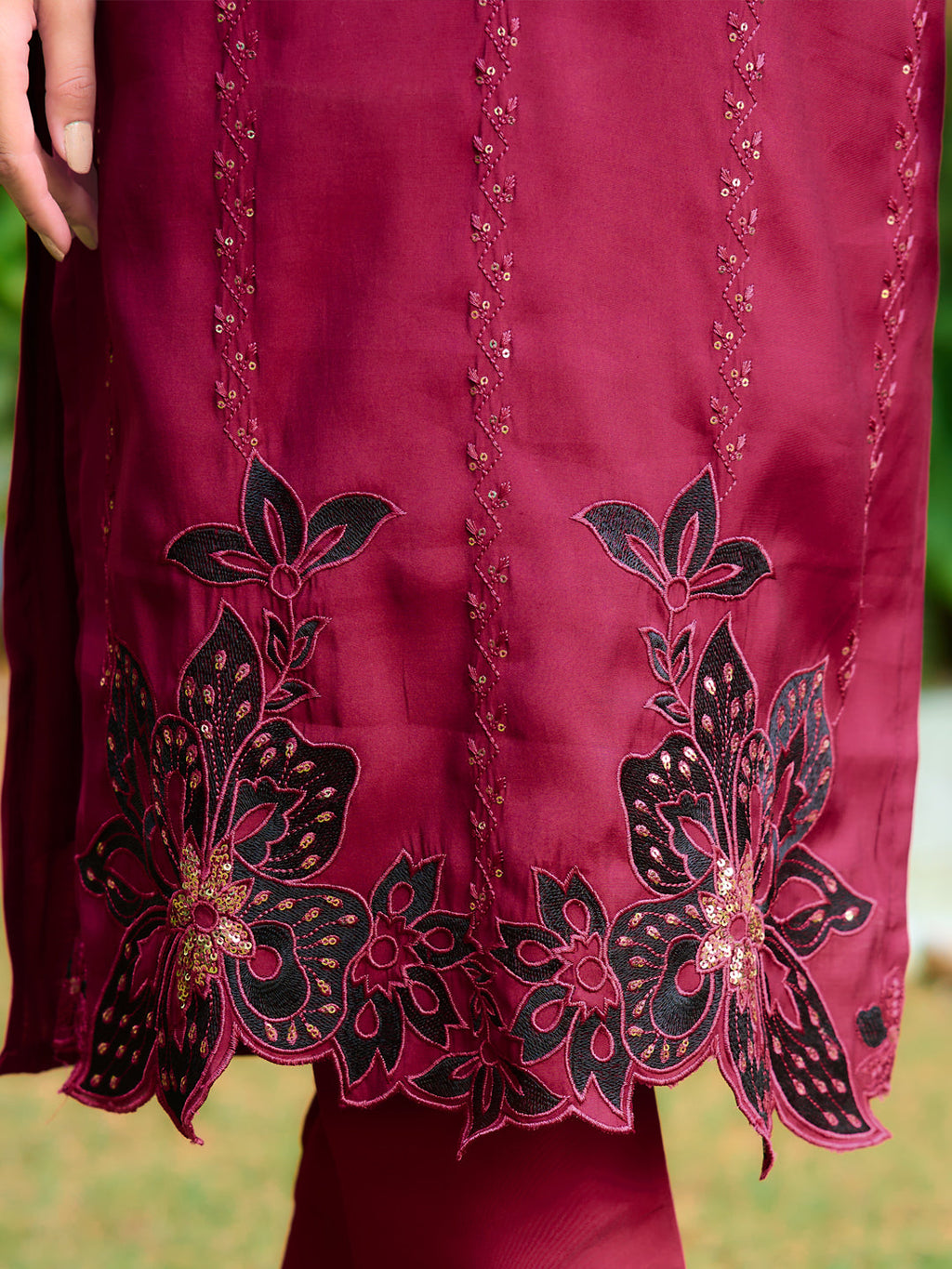 Embroidered Kurta With Pant & Embroidered Cut Work Organza Dupatta, Maroon - Hiral Fashion | Grocsy