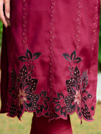 Embroidered Kurta With Pant & Embroidered Cut Work Organza Dupatta, Maroon - Hiral Fashion | Grocsy