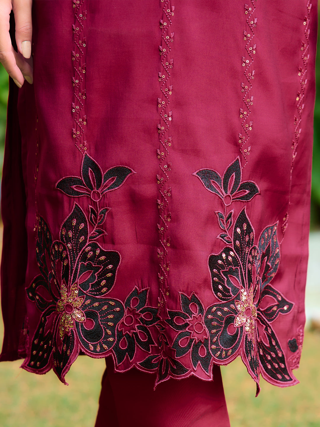 Embroidered Kurta With Pant & Embroidered Cut Work Organza Dupatta, Maroon - Hiral Fashion | Grocsy