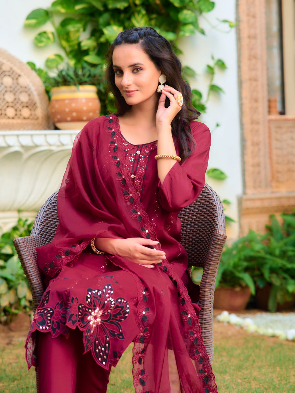 Embroidered Kurta With Pant & Embroidered Cut Work Organza Dupatta, Maroon - Hiral Fashion | Grocsy