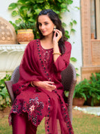 Embroidered Kurta With Pant & Embroidered Cut Work Organza Dupatta, Maroon - Hiral Fashion | Grocsy