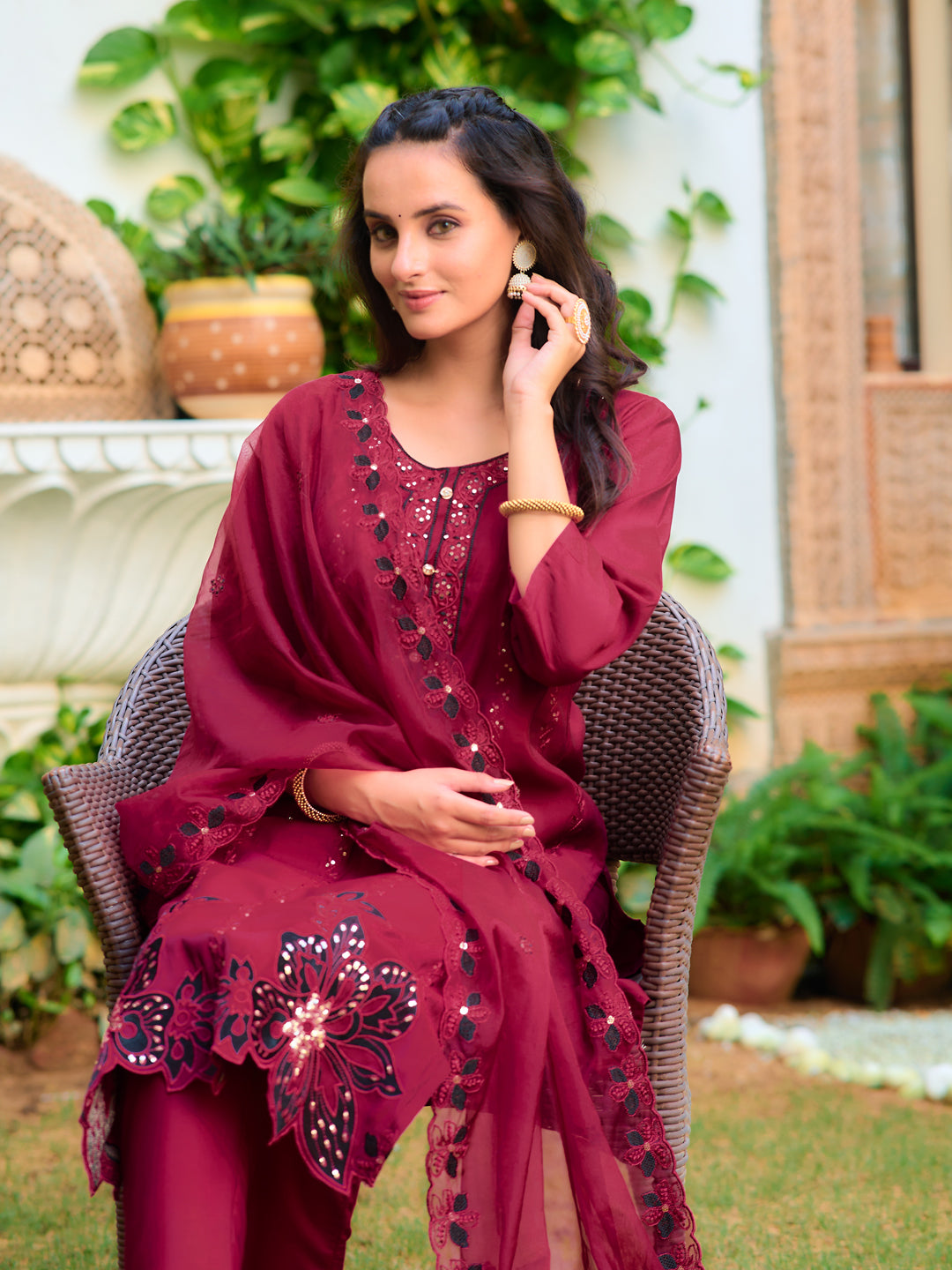 Embroidered Kurta With Pant & Embroidered Cut Work Organza Dupatta, Maroon - Hiral Fashion | Grocsy