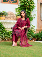 Embroidered Kurta With Pant & Embroidered Cut Work Organza Dupatta, Maroon - Hiral Fashion | Grocsy