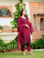 Embroidered Kurta With Pant & Embroidered Cut Work Organza Dupatta, Maroon - Hiral Fashion | Grocsy