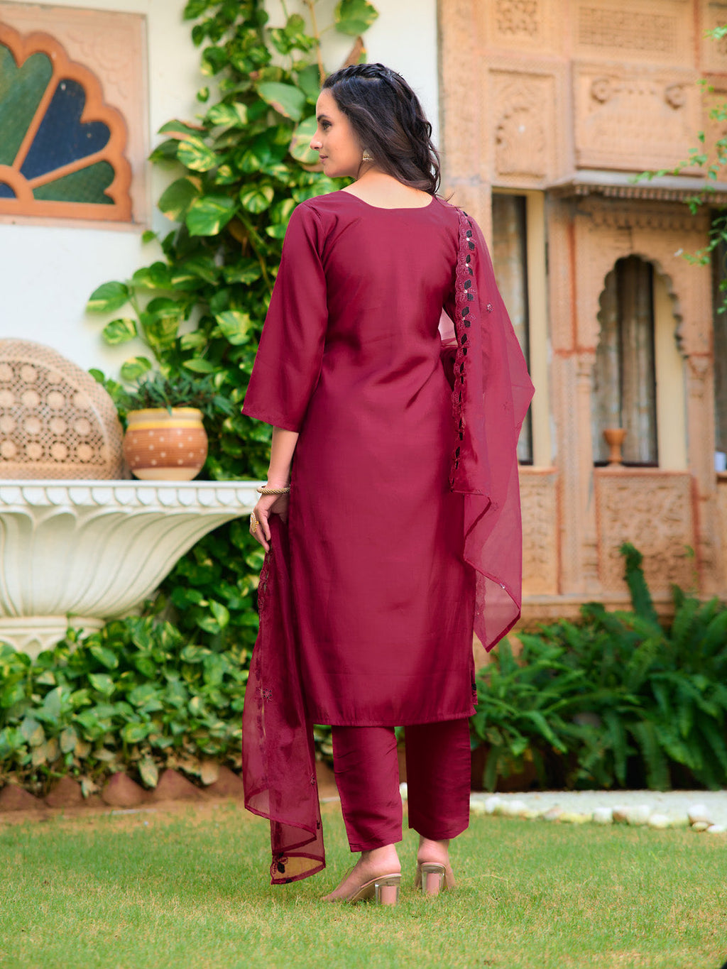 Embroidered Kurta With Pant & Embroidered Cut Work Organza Dupatta, Maroon - Hiral Fashion | Grocsy