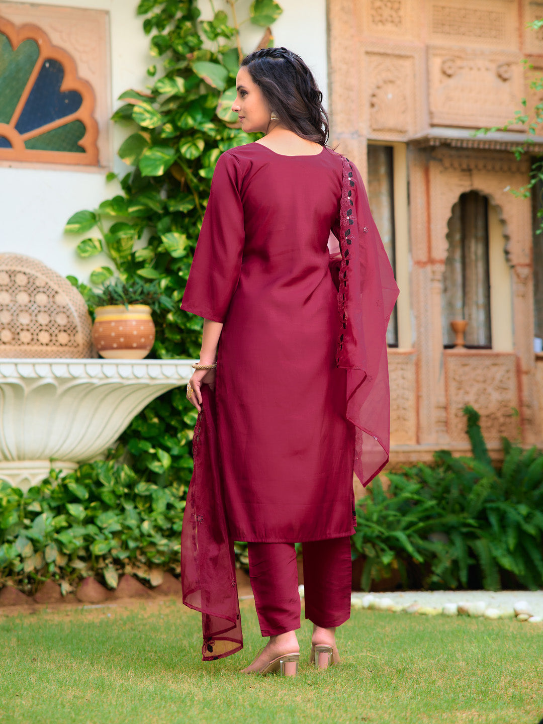 Embroidered Kurta With Pant & Embroidered Cut Work Organza Dupatta, Maroon - Hiral Fashion | Grocsy