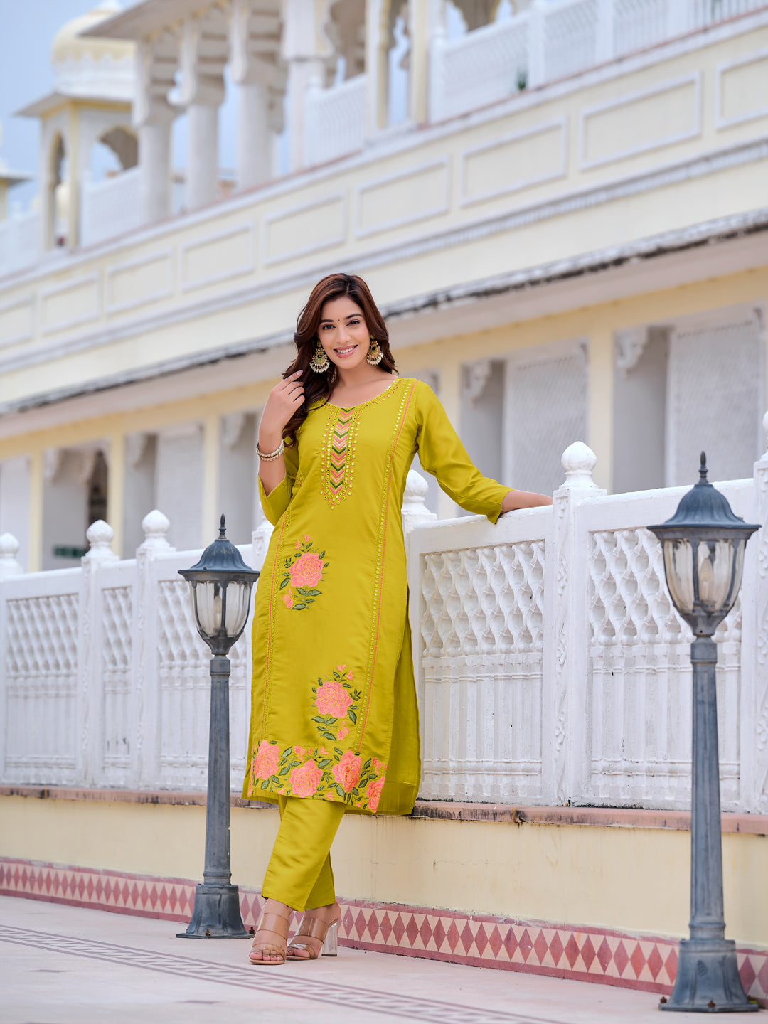 Mirror Embroidered Kurta With Pant & Embroidered Organza Dupatta, Yellow - Hiral Fashion | Grocsy