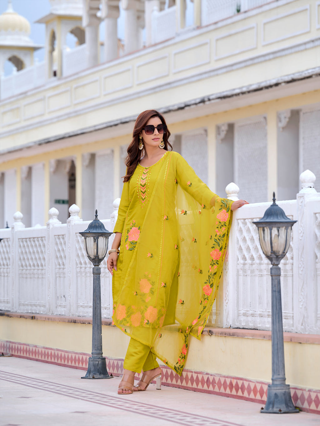 Mirror Embroidered Kurta With Pant & Embroidered Organza Dupatta, Yellow - Hiral Fashion | Grocsy